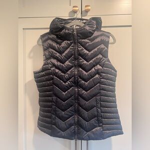 Blanc Noir Charcoal Gray Sheen Puffer Vest with Hood - L